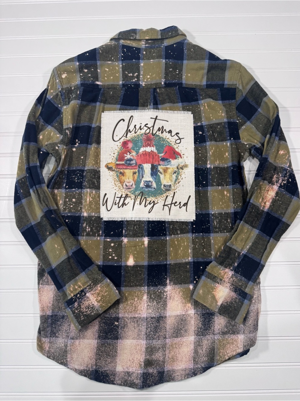 Custom Up Cycled Bleached Flannel with Cow Christmas Patch